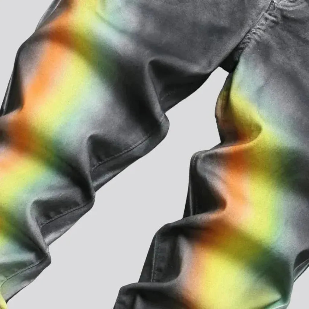 Rainbow-print men's painted jeans