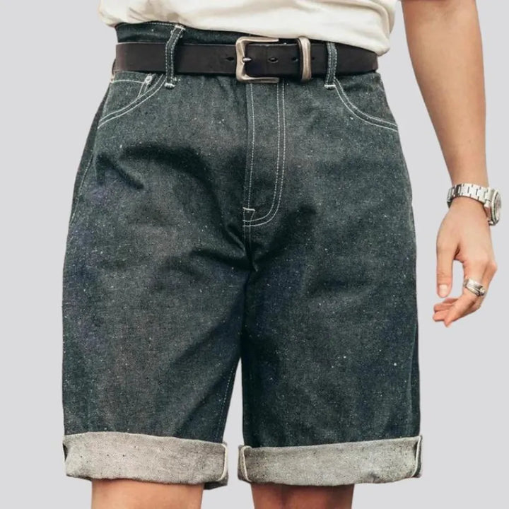 loose, raw, 14oz, selvedge, knee-length, 5-pockets, high-waist, zipper-button, men's shorts | Jeans4you.shop