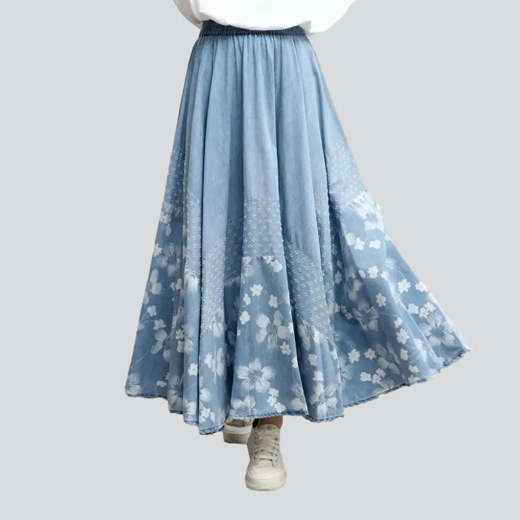 White-print boho denim skirt