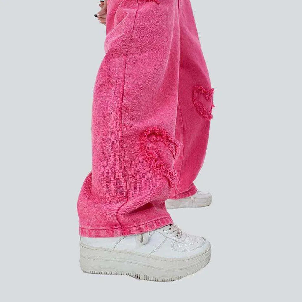 Pink embroidered women's denim jumpsuit