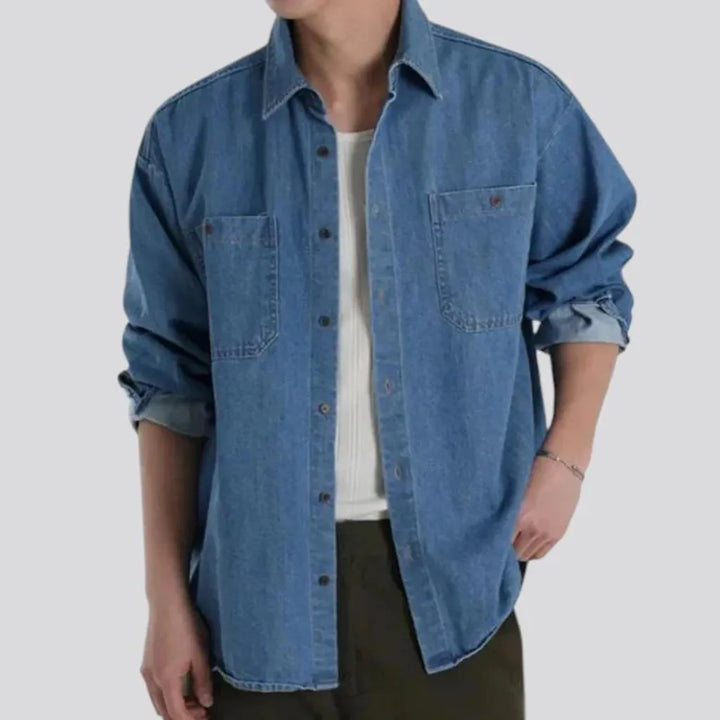 Medium wash chambray men's jean shirt