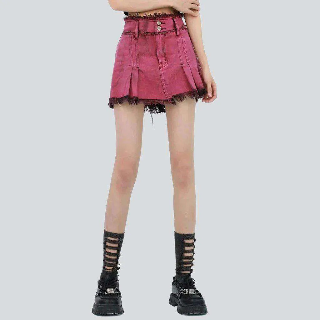 Pink pleated mini denim skirt