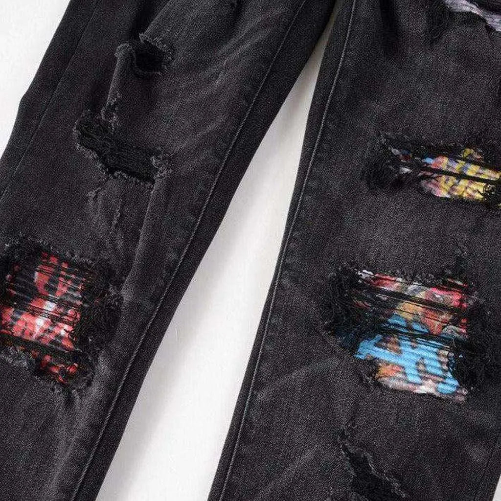Graffiti print patchwork biker jeans