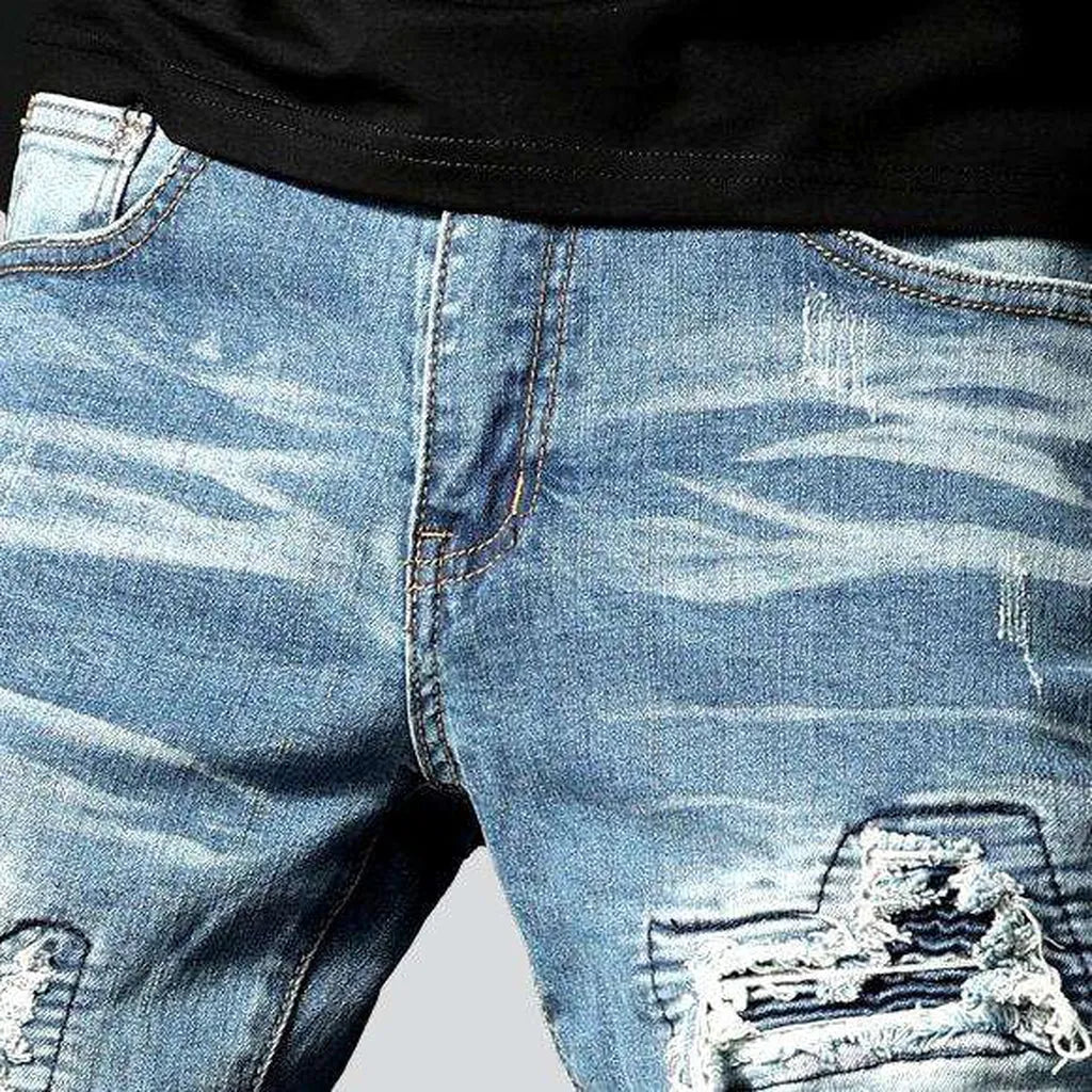 Patchwork knees men's biker jeans