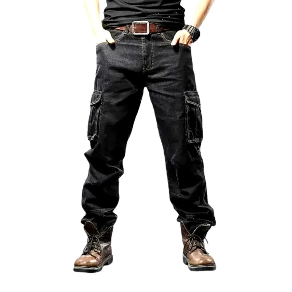 Faded Wash Biker Style Moto Jeans for Men - Black