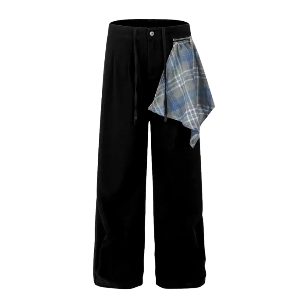 Monochrome Plaid Baggy Men's Jean Pants - Black