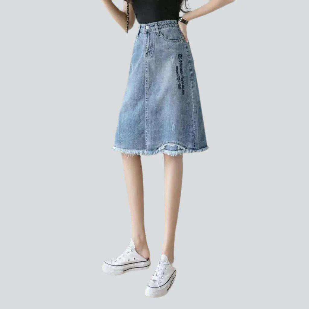 Asymmetric curve embroidered denim skirt
