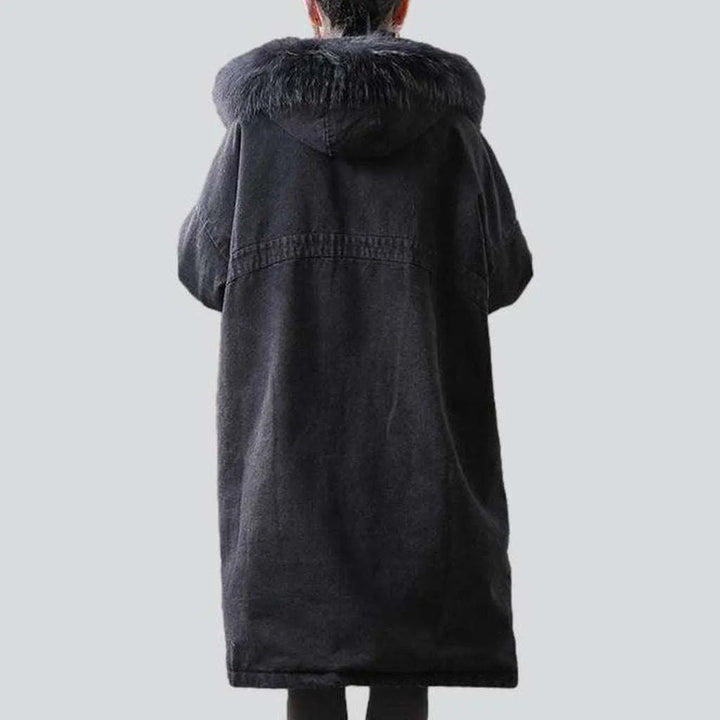Oversized denim coat with fur