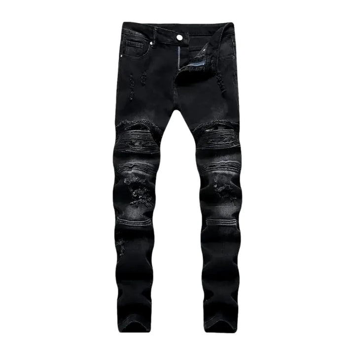 Mid-waist Stylish Biker Men's Jeans - Black