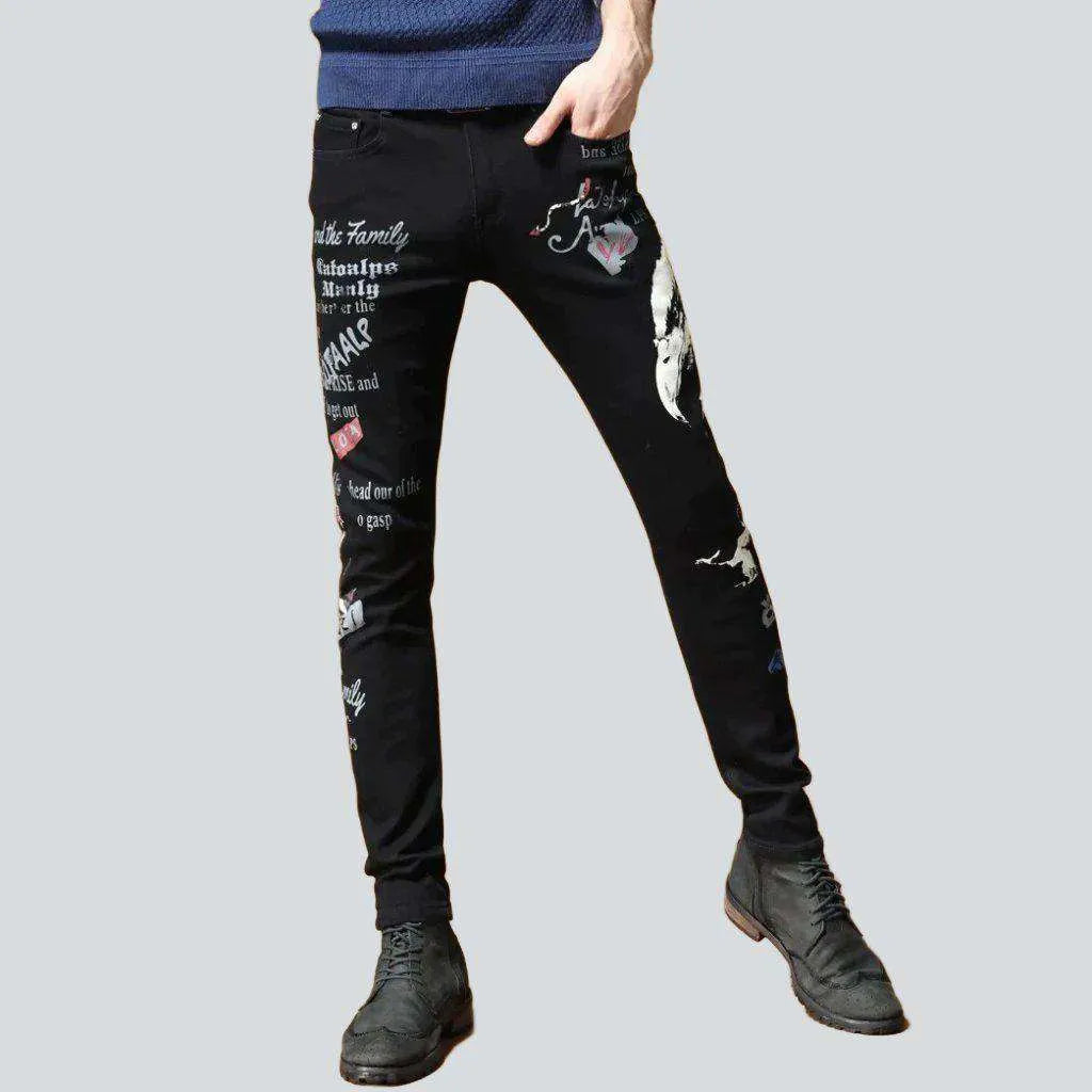 Embroidered black elastic men's jeans