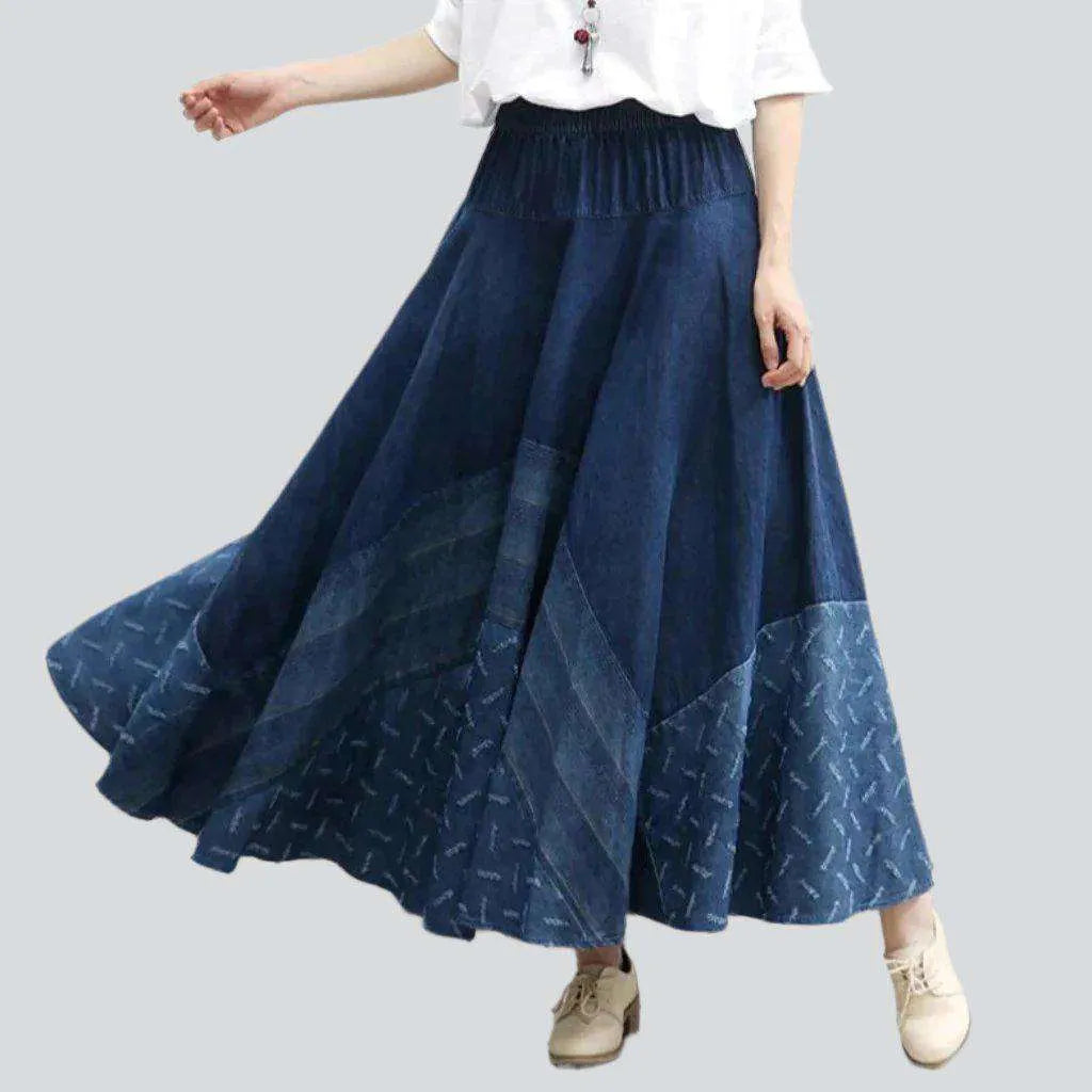 Embroidered flared boho denim skirt