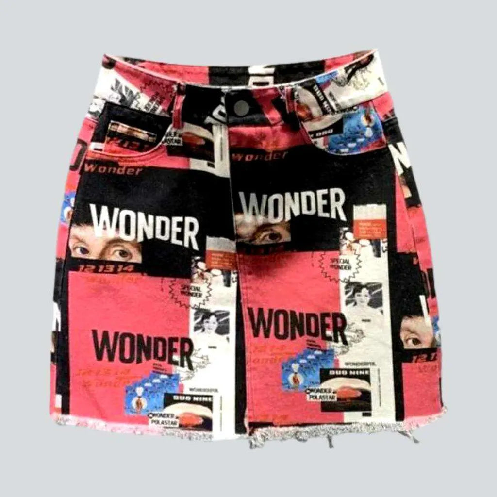 Journal print color denim skirt