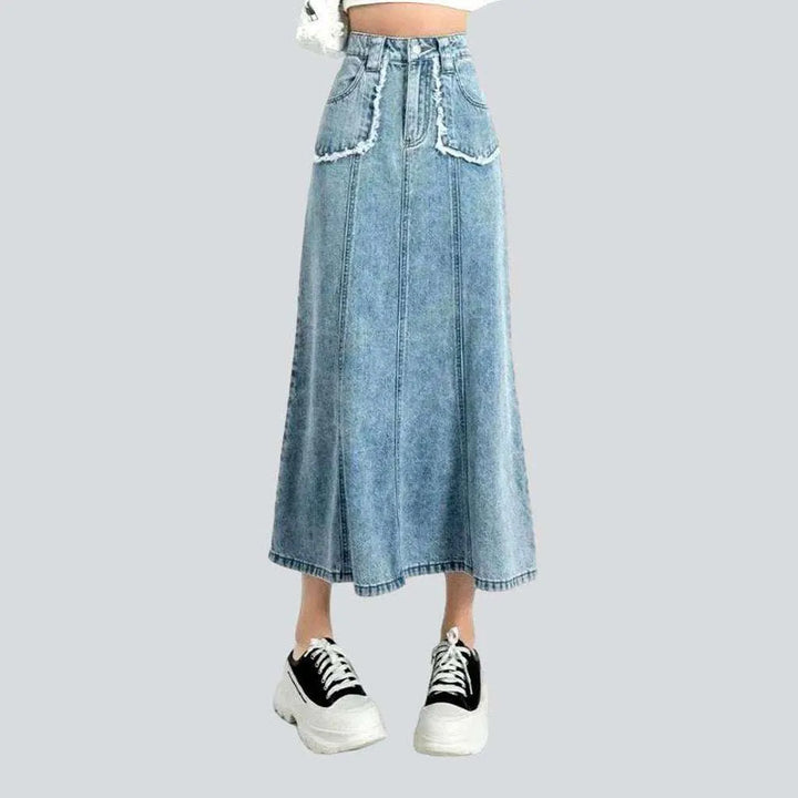 Patched pocket long denim skirt