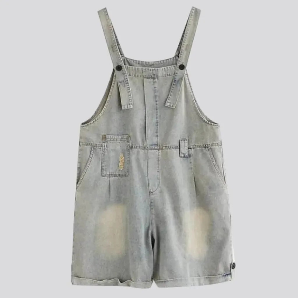vintage, baggy, light-wash, sanded, yellow-cast, diagonal-pockets, suspenders, women's romper | Jeans4you.shop