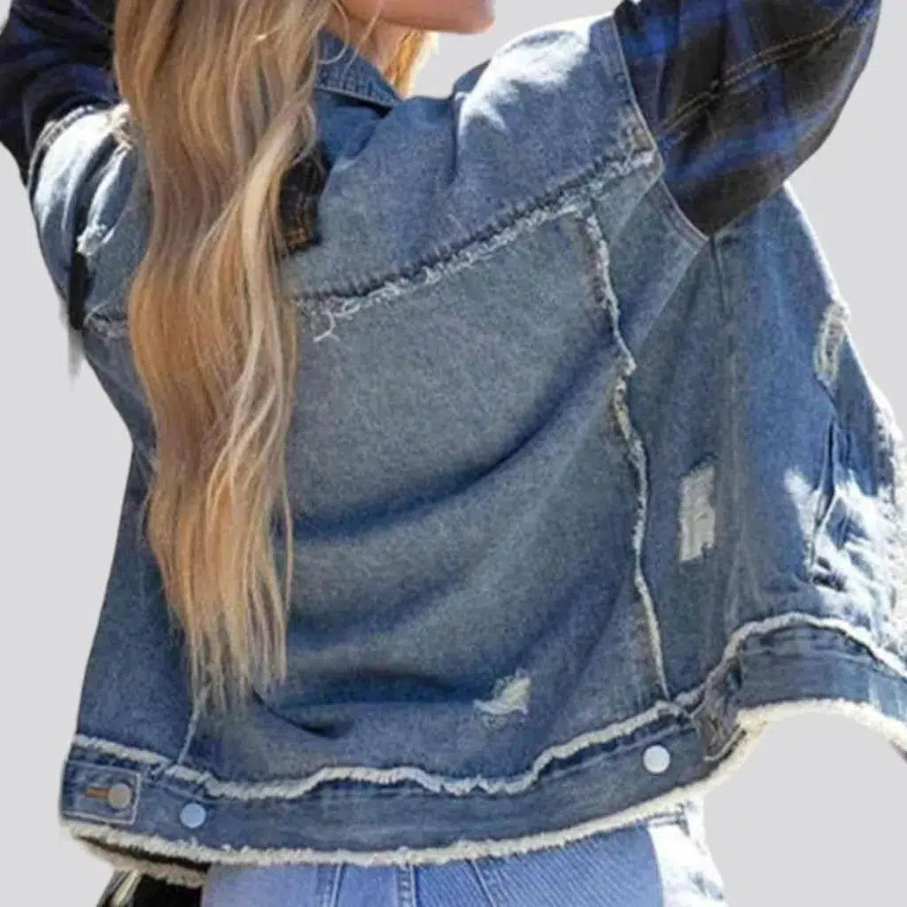 Light-wash distressed jean jacket
 for ladies