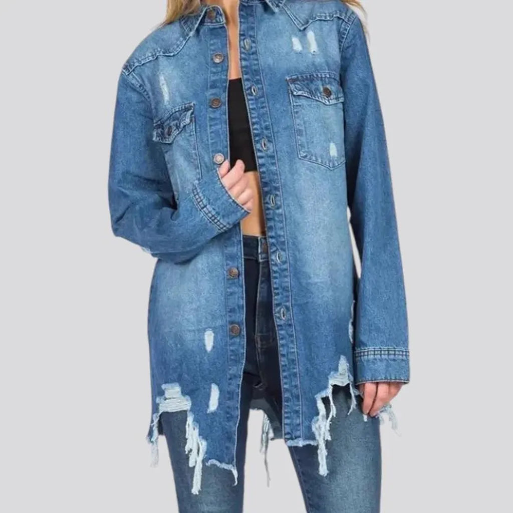 Trendy distressed jean shirt for ladies