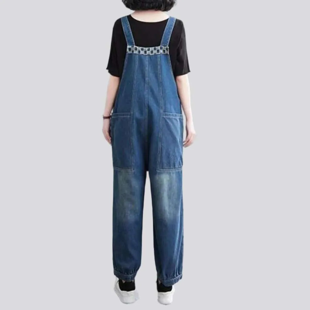 90s checkered pockets jeans jumpsuit
 for ladies
