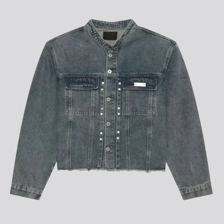 Retro pattern raw hem jeans jacket for men