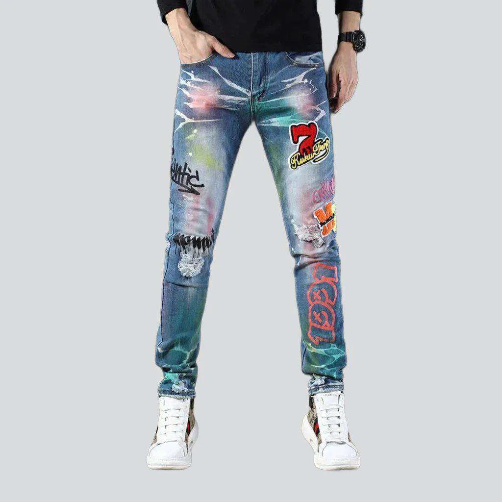 Neon color print men's jeans