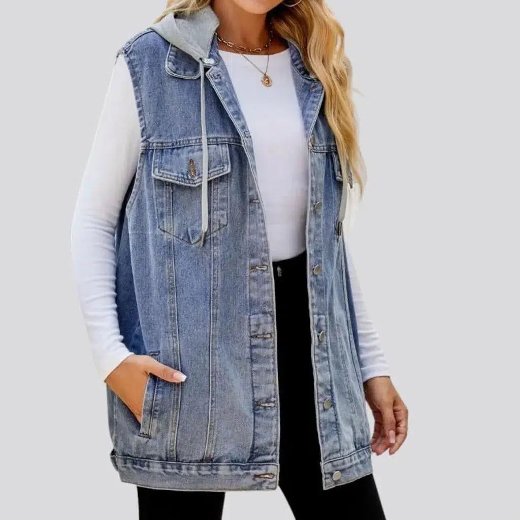 Mixed-fabrics hooded denim vest
 for women