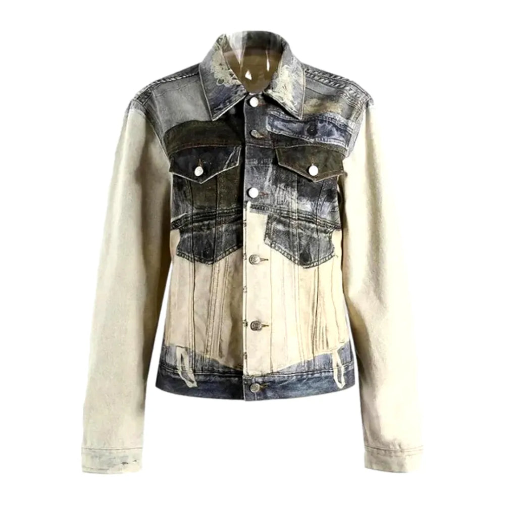 Fashionable Oversized Painted Women's Jean Jacket - Sand