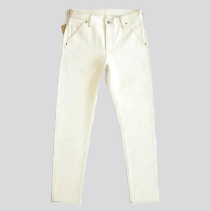 slim, monochrome, selvedge, 13.5oz, white, ecru-denim, high-waist, diagonal-pockets, buttons, men's jeans | Jeans4you.shop