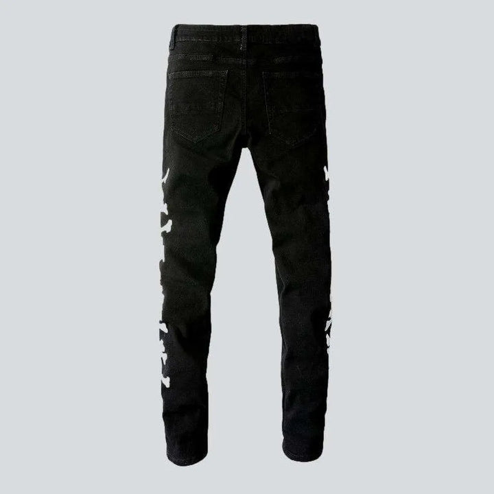 Bones embroidery ripped men's jeans
