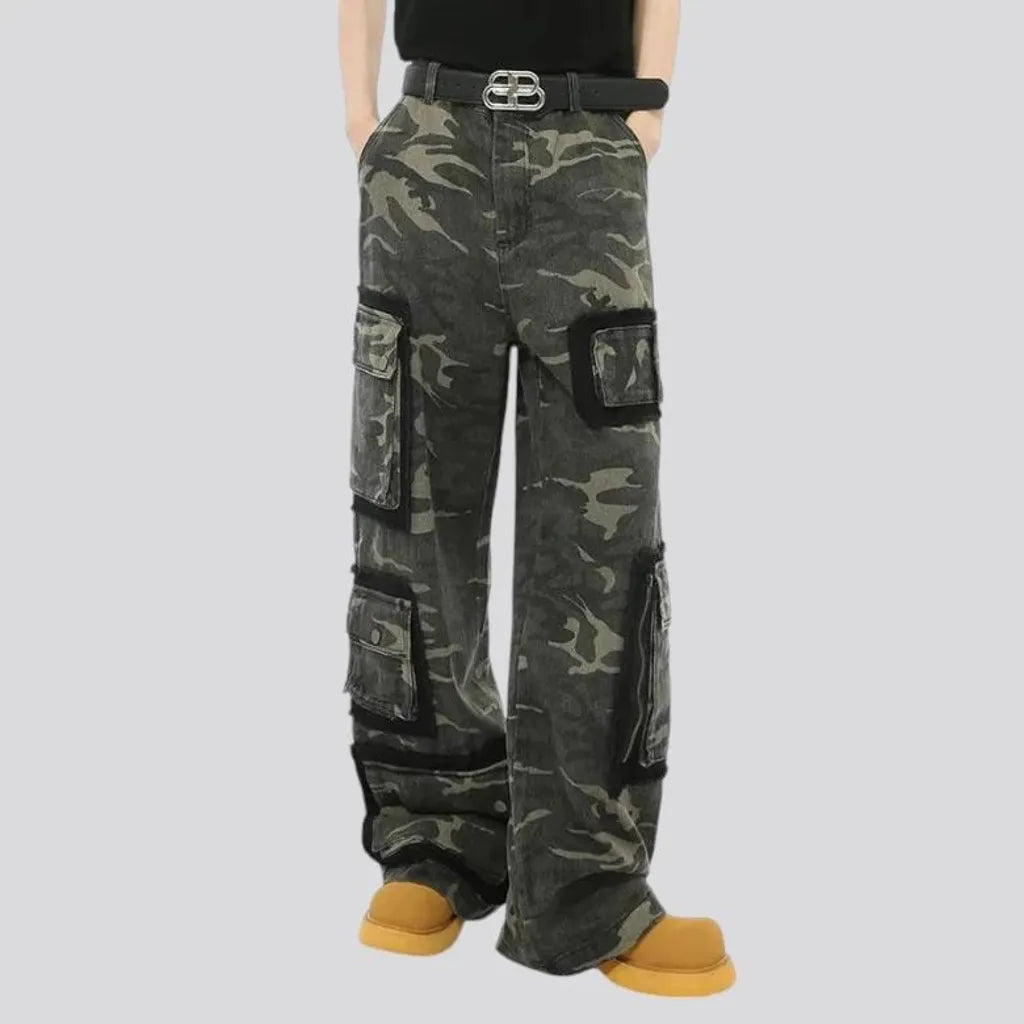 Camo pattern baggy fit men's denim pants