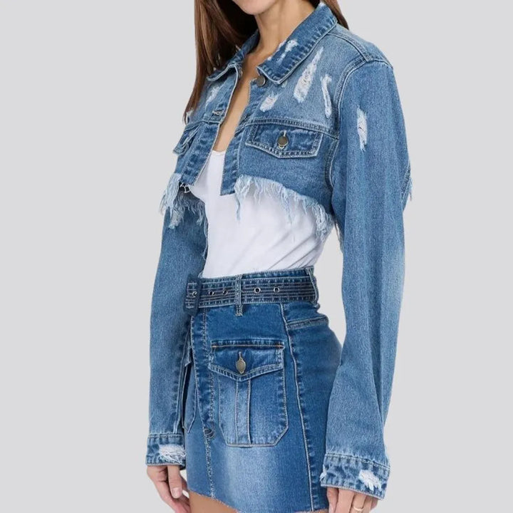 Fashionable frayed denim jacket for women