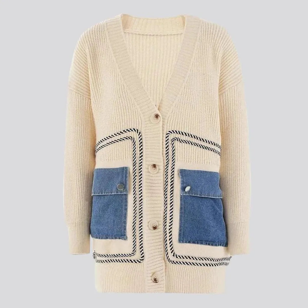 Fashionable cargo pockets jeans cardigan for women