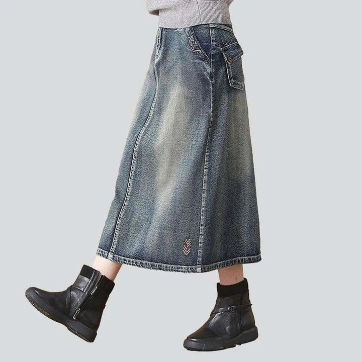 Vintage embroidered long denim skirt