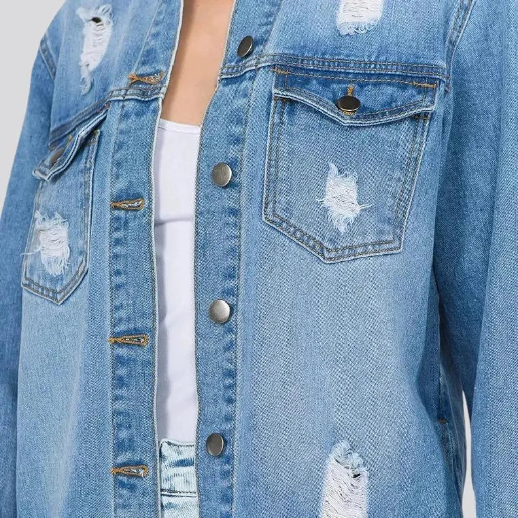 Light wash frayed jacket jean shirt for ladies