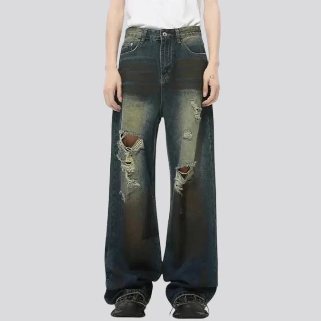 Baggy fashion distressed gradient jeans for men