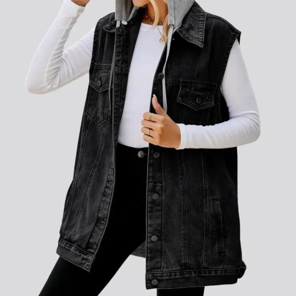 Mixed-fabrics hooded denim vest
 for women