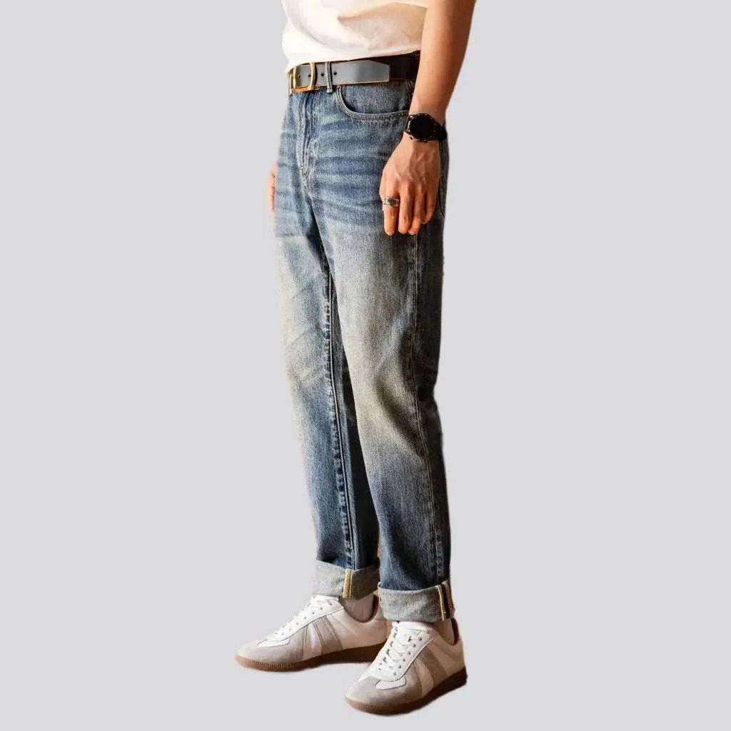 Sanded light wash selvedge jeans
 for men