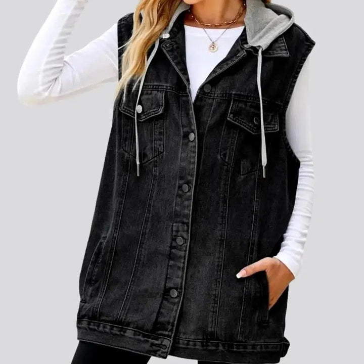 Mixed-fabrics hooded denim vest
 for women