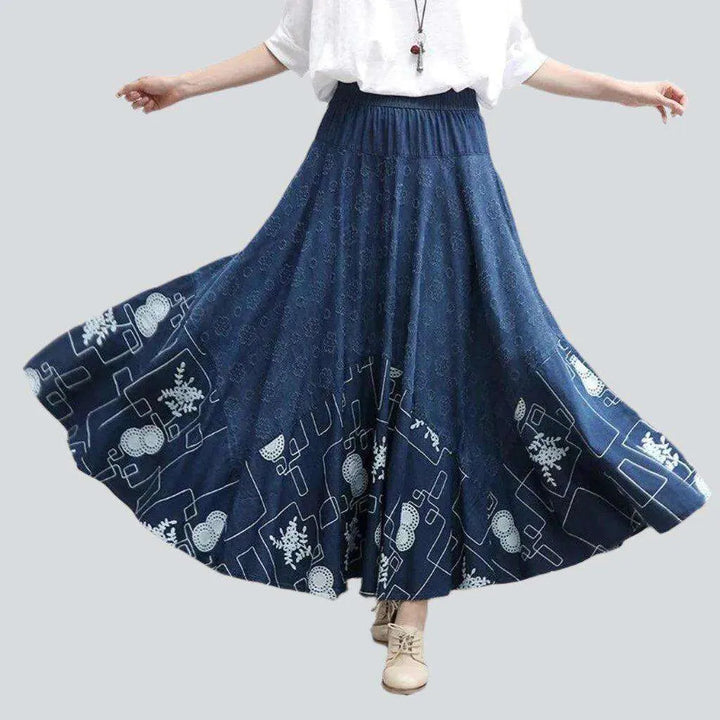 Bohemian flared maxi denim skirt