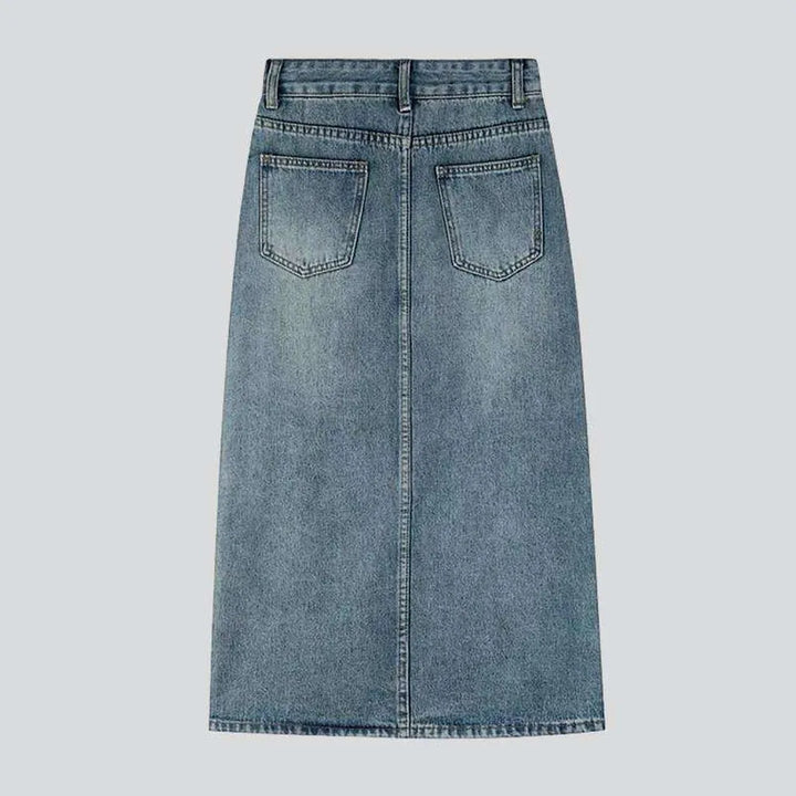 Slit vintage long denim skirt
