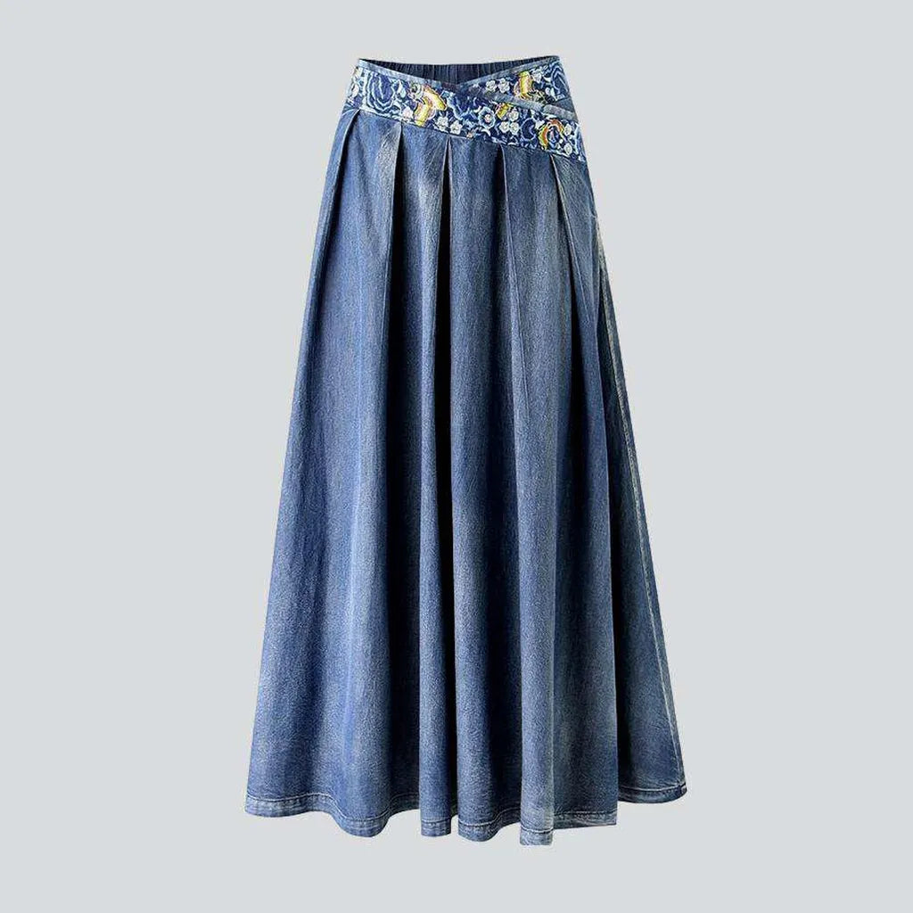 Embroidered waistband long denim skirt