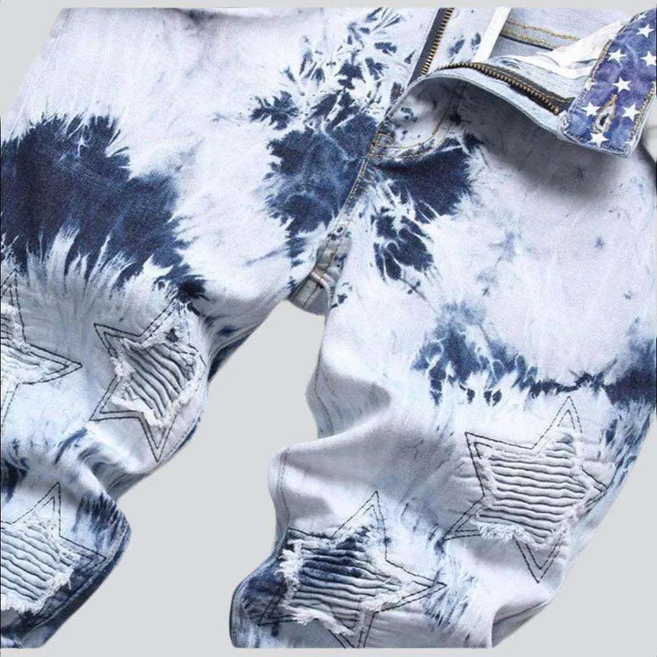Tie-dyed star embroidery men's jeans