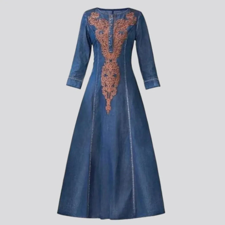Fit-and-flare embroidered jean dress
 for ladies