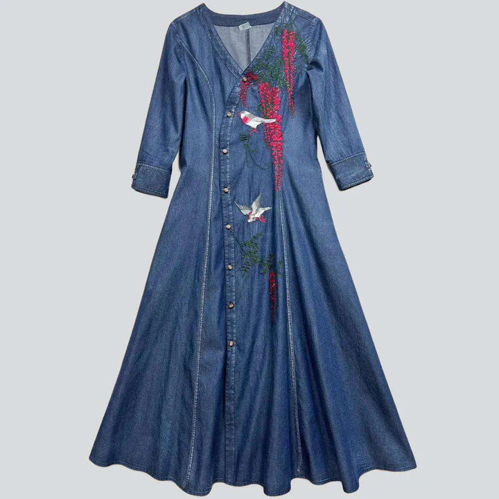 Embroidered v-neck ladies denim dress