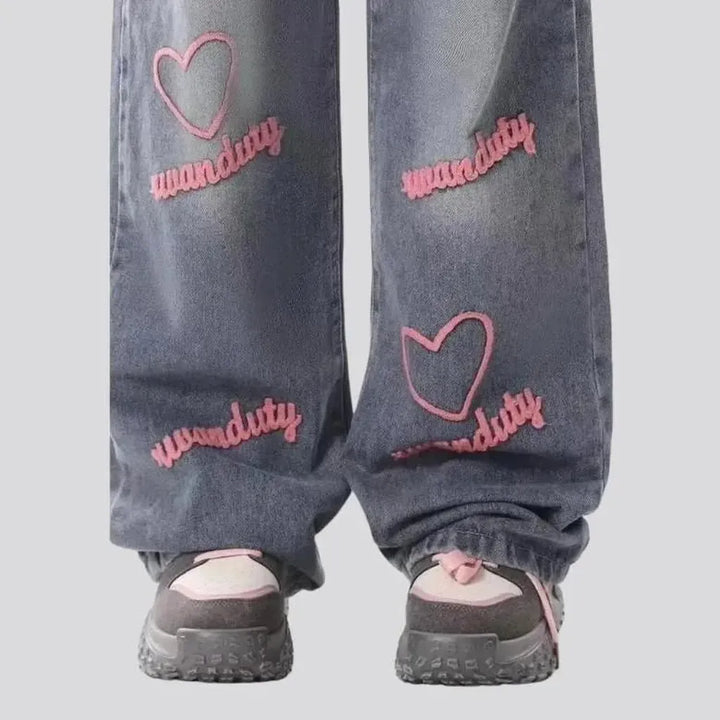 Y2k pink-embroidery jeans
 for women
