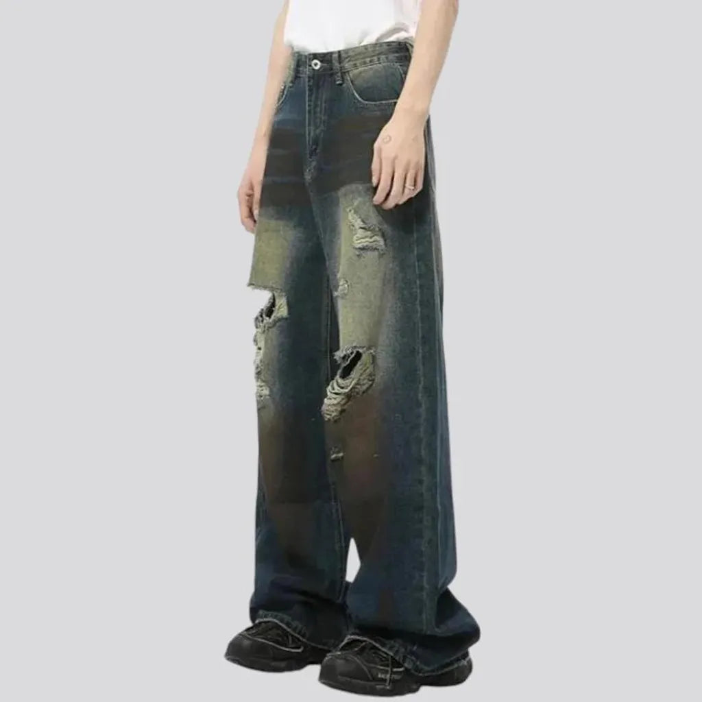 Baggy fashion distressed gradient jeans for men