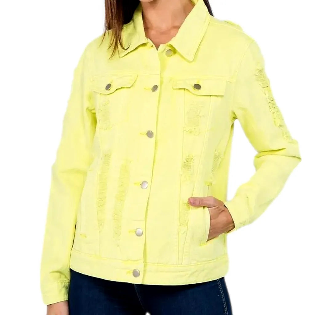 Chic Distressed Denim Jacket for Ladies - Yellow