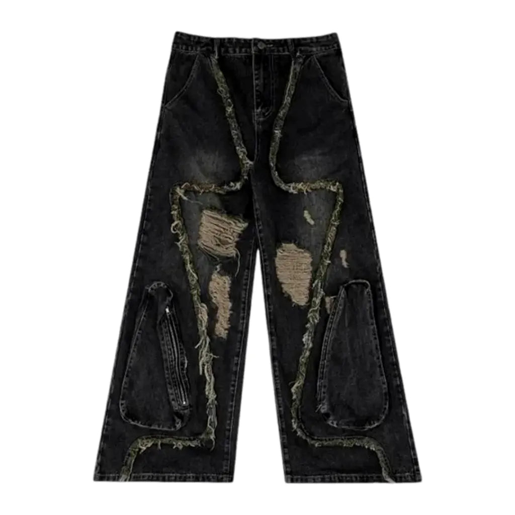 Boho Grunge Distressed Men's Jeans - Black