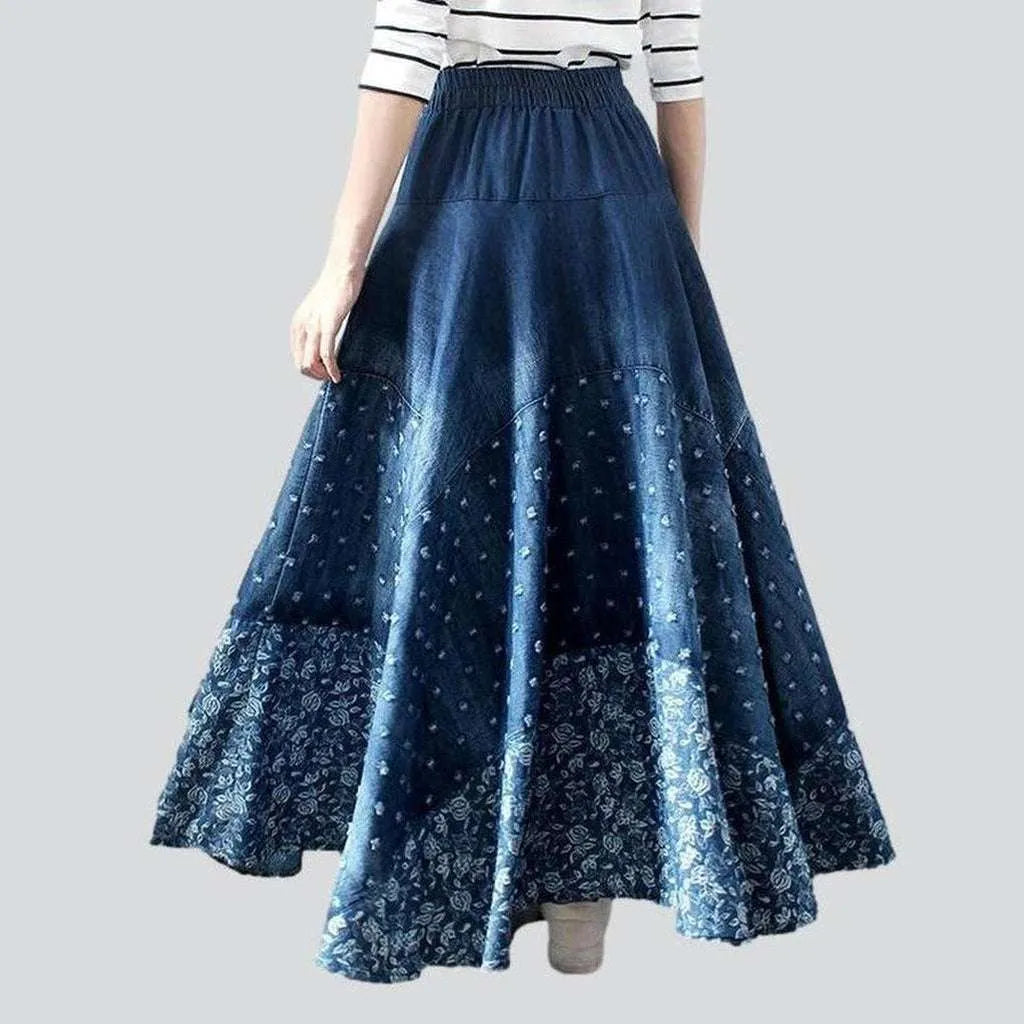 Embroidered flare denim skirt