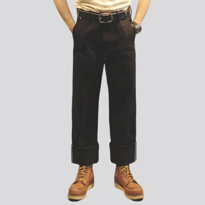 loose, monochrome, black, selvedge, high-waist, diagonal-pockets, buttons, men's jeans | Jeans4you.shop