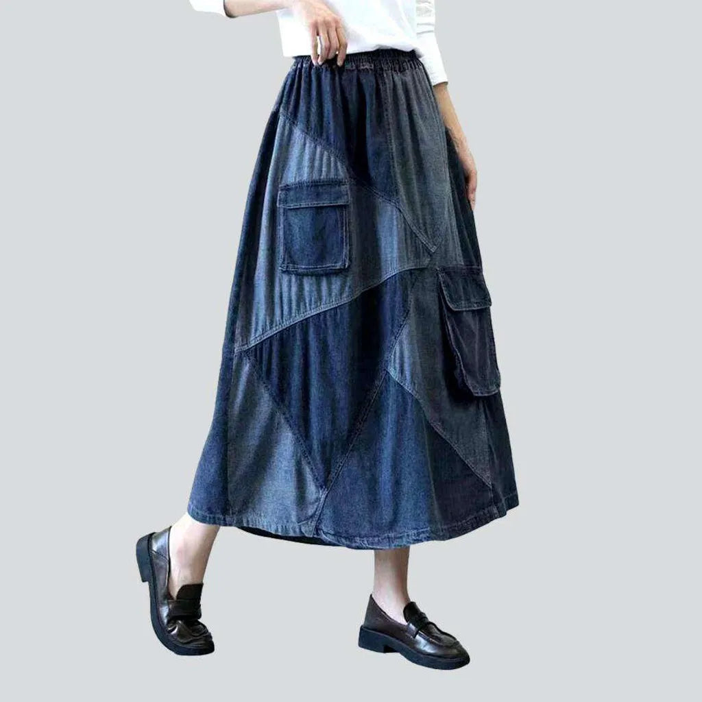 Patchwork cargo long jeans skirt
