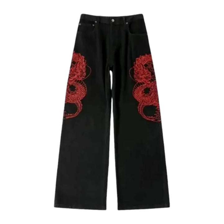 Baggy Fit Embroidered Street Men's Jeans - Black